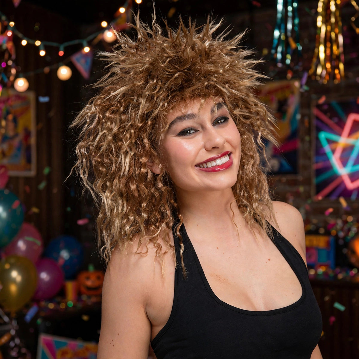 Person wearing the voluminous 80s Tina Brown Wig at a fancy dress or Halloween event