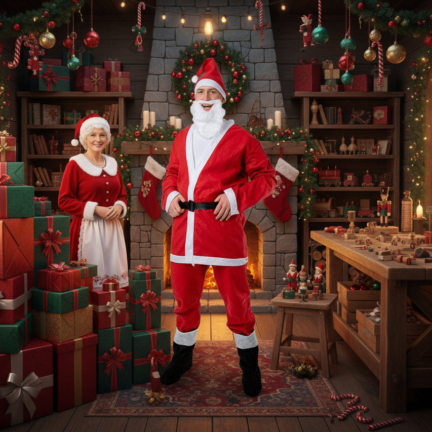 Adults Santa Claus Costume 6 Pieces Jacket, Trousers, Hat, Beard, Belt & Boot Covers | Merthyr Tydfil | Why Not Shop Online