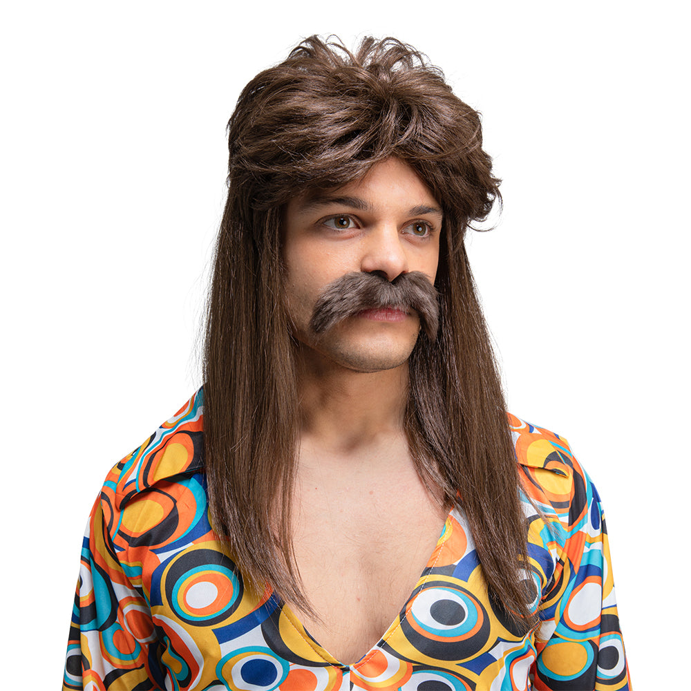 70s Guy Brown Wig and Moustache Set for retro fancy dress