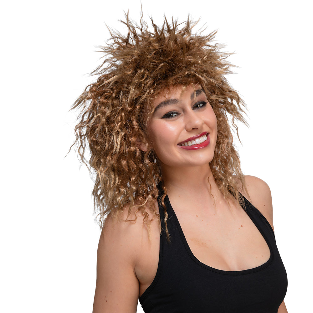 80's Tina Wild Brown Curly Wig - Fancy Dress Costume Wig