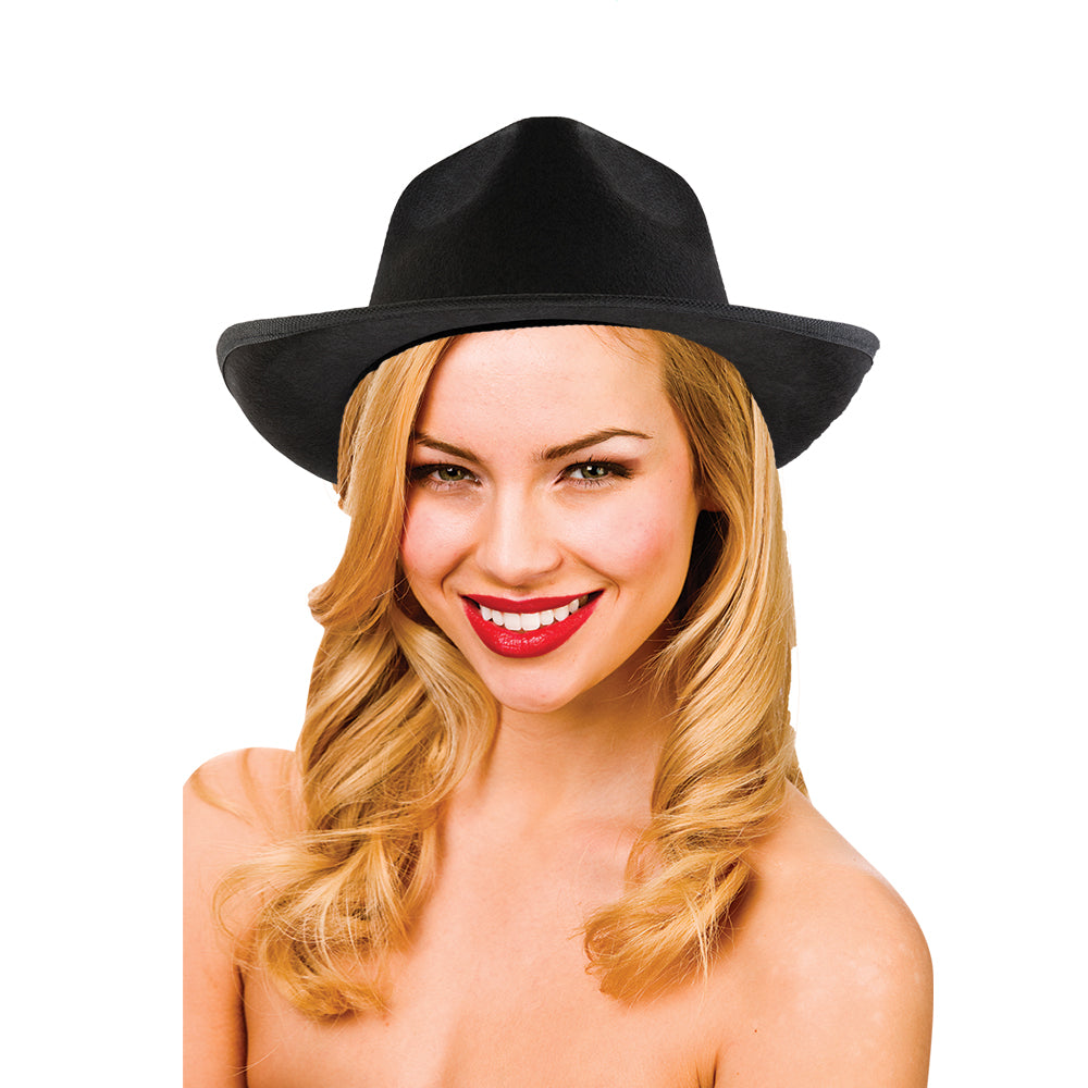 Classic Black Fedora Hat worn by model for fancy dress