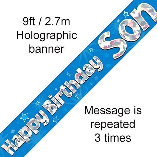 9ft Blue Holographic Happy Birthday Son Banner | Merthyr Tydfil | Why Not Shop Online