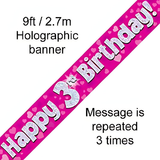 9ft Pink Holographic 3rd Birthday Banner | Merthyr Tydfil | Why Not Shop Online