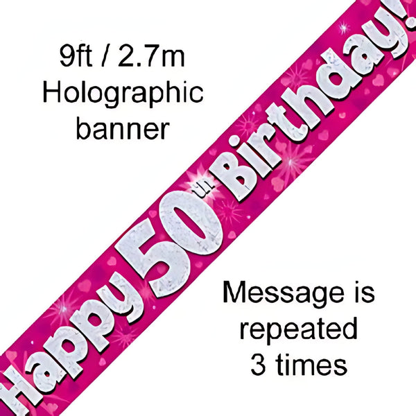 9ft Pink Holographic 50th Birthday Banner | Merthyr Tydfil | Why Not Shop Online