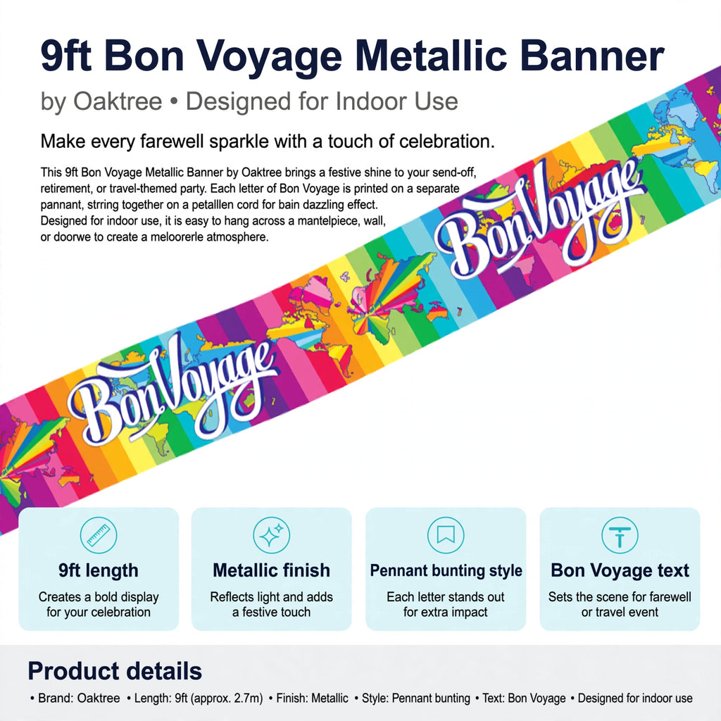 Banner features 9ft length, metallic finish, pennant bunting style, and Bon Voyage text