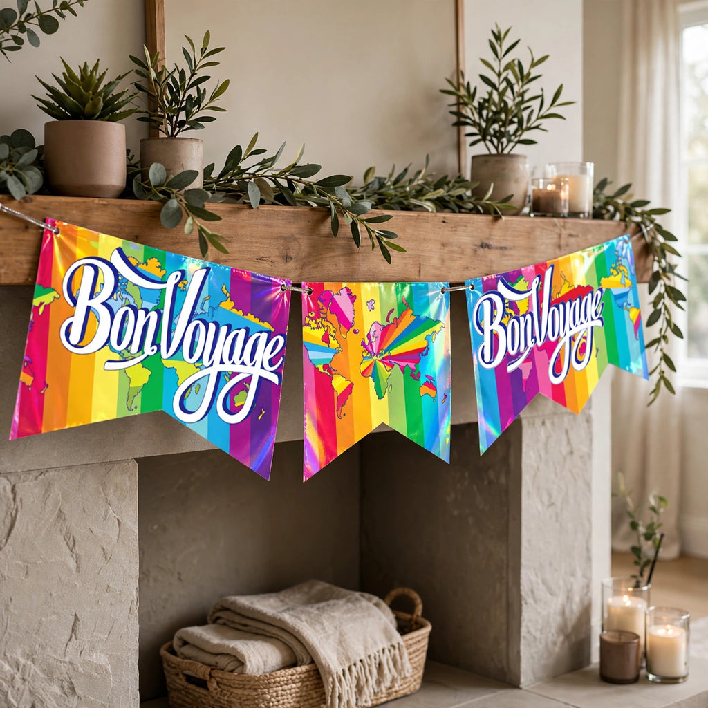 Bon Voyage Metallic Banner hung indoors across a mantelpiece or doorway for farewell party