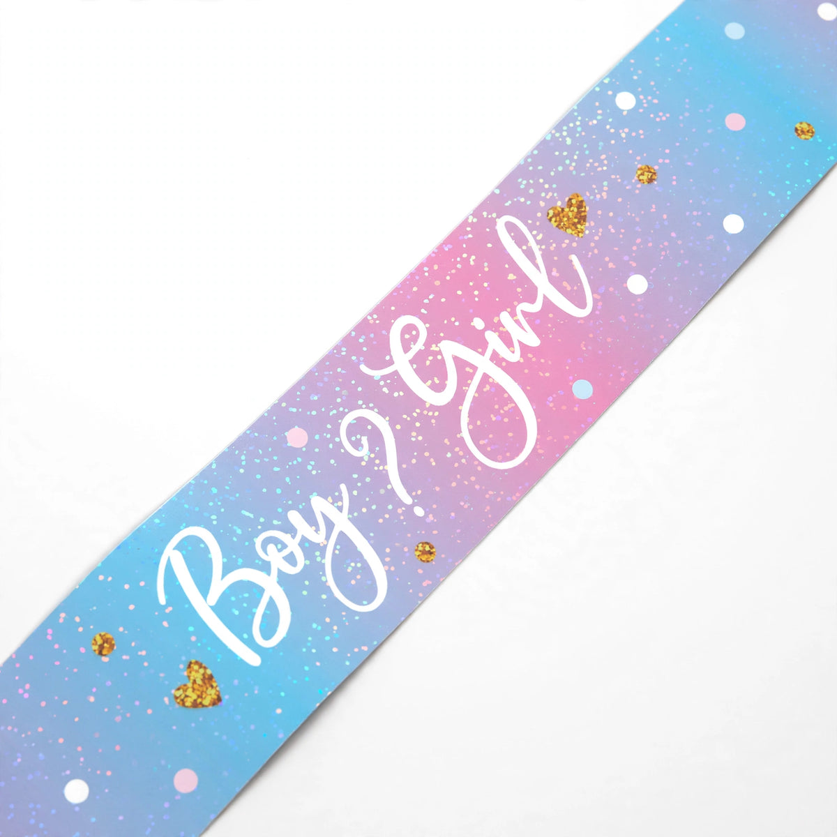 Close-up of holographic Boy or Girl Gender Reveal Banner