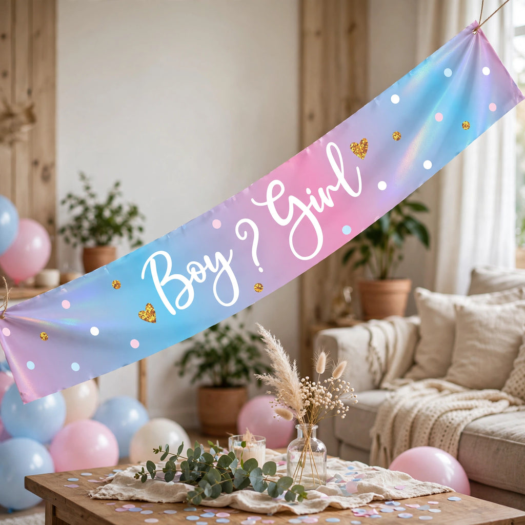 Gender reveal party scene with 9ft Boy or Girl holographic banner displayed