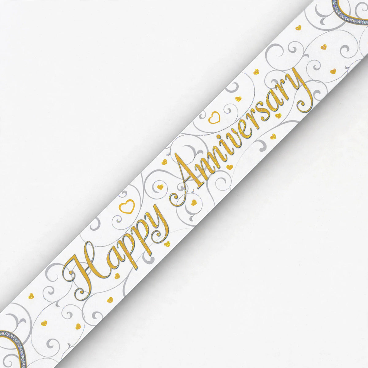 close-up of Happy Anniversary text and linked hearts motif on banner
