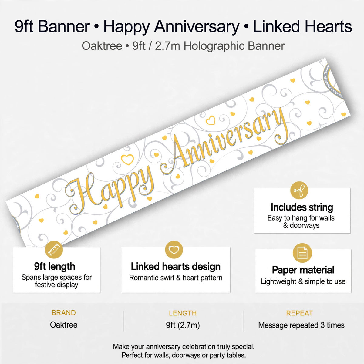 banner features 9ft length, linked hearts design, paper material, and included string