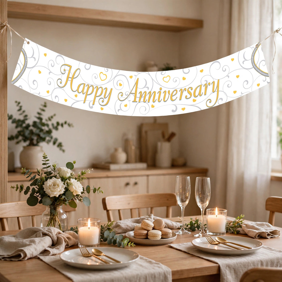 Happy Anniversary banner displayed above party table at anniversary celebration