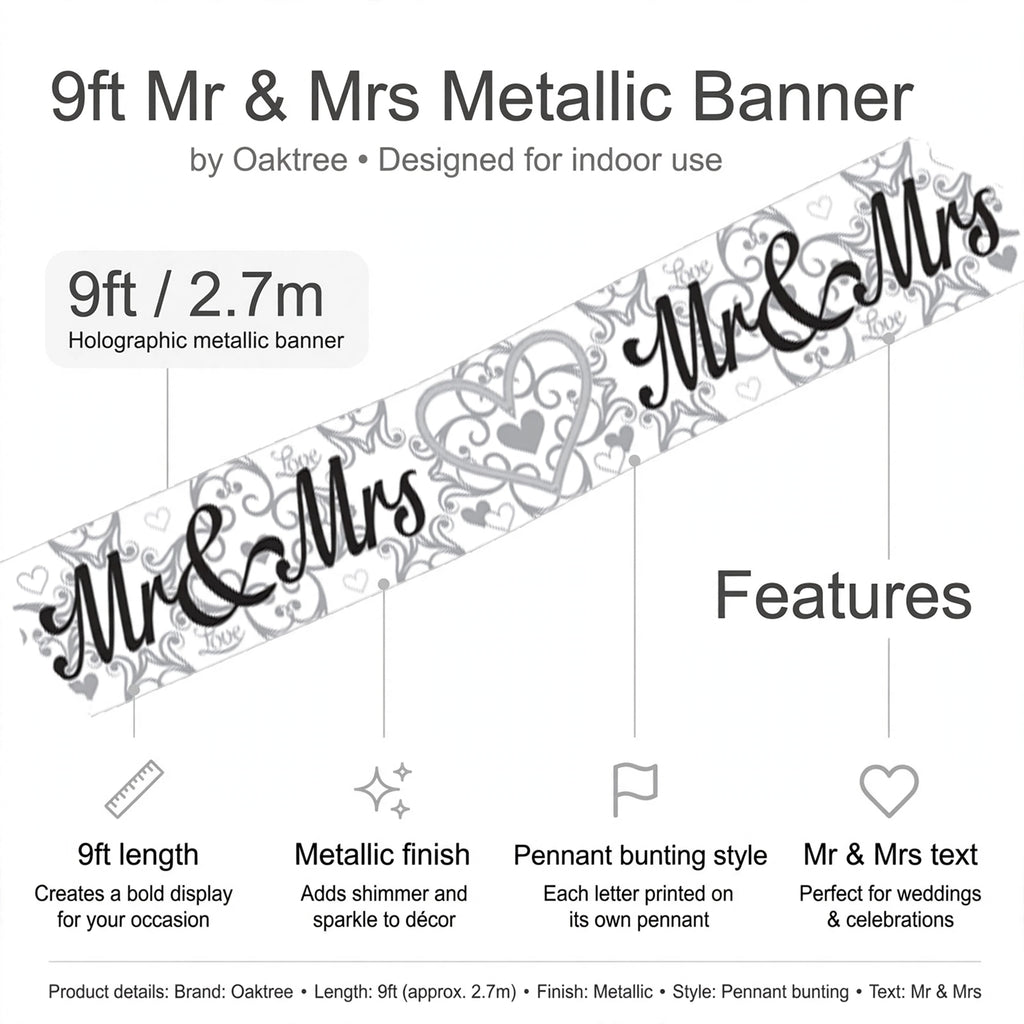 Infographic showing 9ft length, metallic finish, pennant bunting style, and Mr & Mrs text