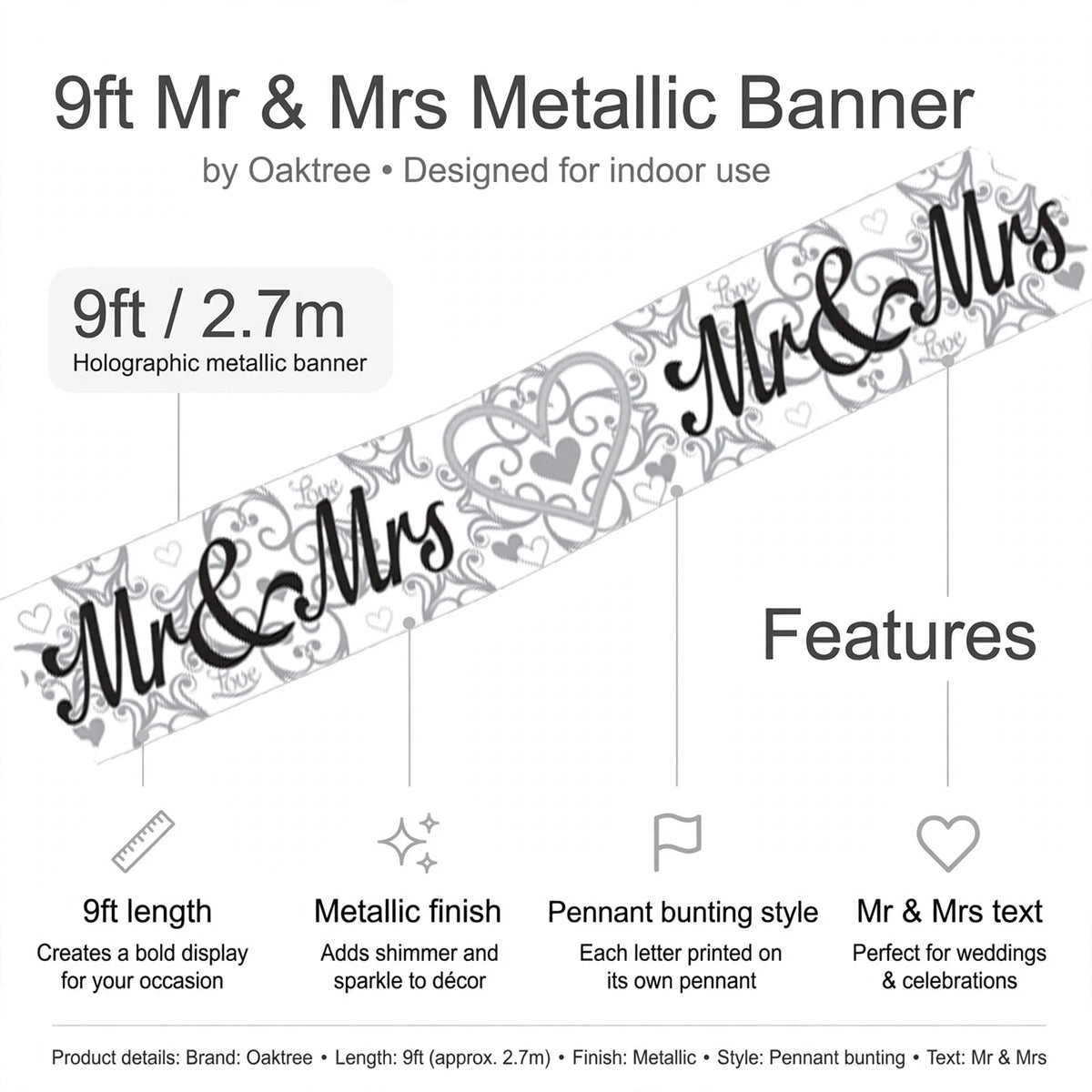 Infographic showing 9ft length, metallic finish, pennant bunting style, and Mr & Mrs text