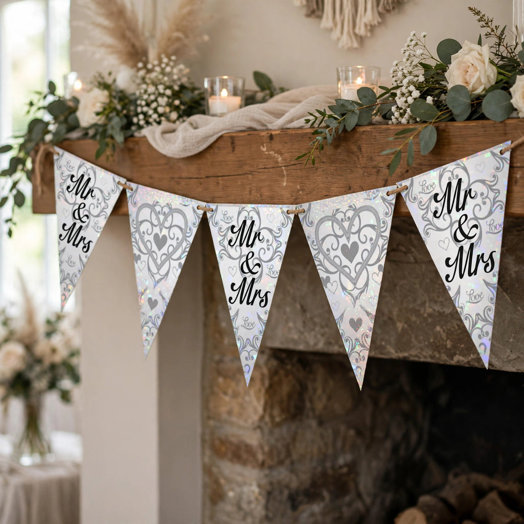 Mr & Mrs metallic banner hanging across a mantelpiece or venue wall at a wedding