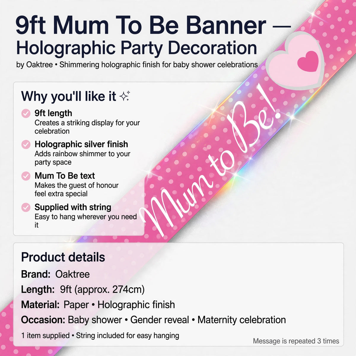 Mum To Be banner made of paper with holographic finish and string included for hanging