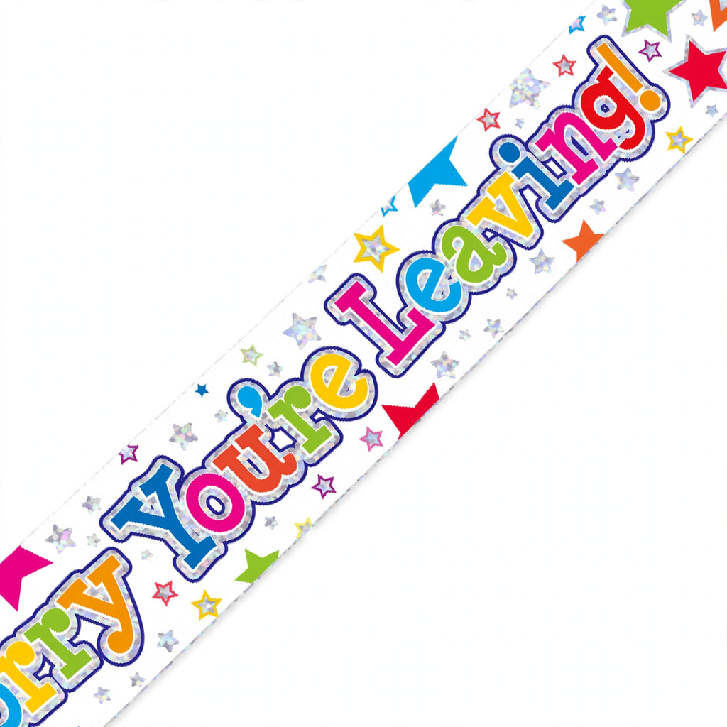 close-up of Sorry You're Leaving text and star motif on paper banner