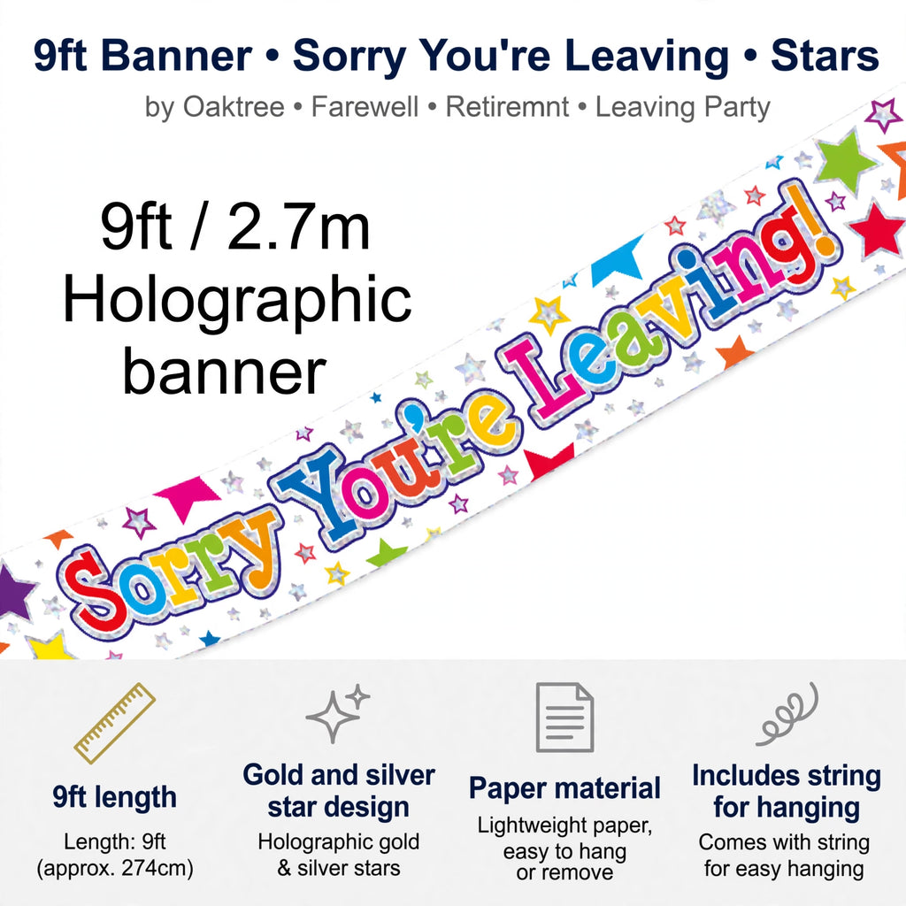 banner features 9ft length, gold and silver star design, paper material, and included hanging string