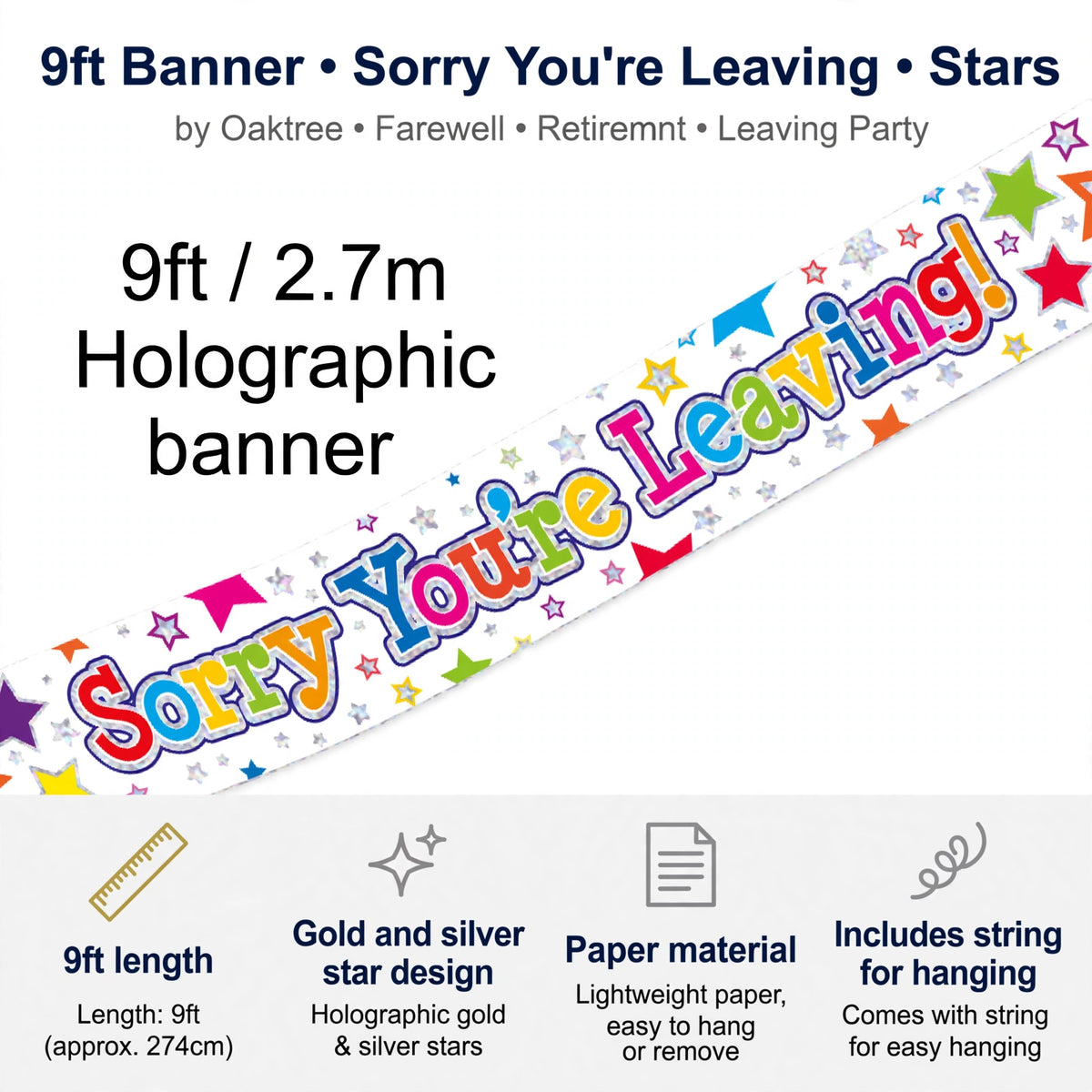 banner features 9ft length, gold and silver star design, paper material, and included hanging string