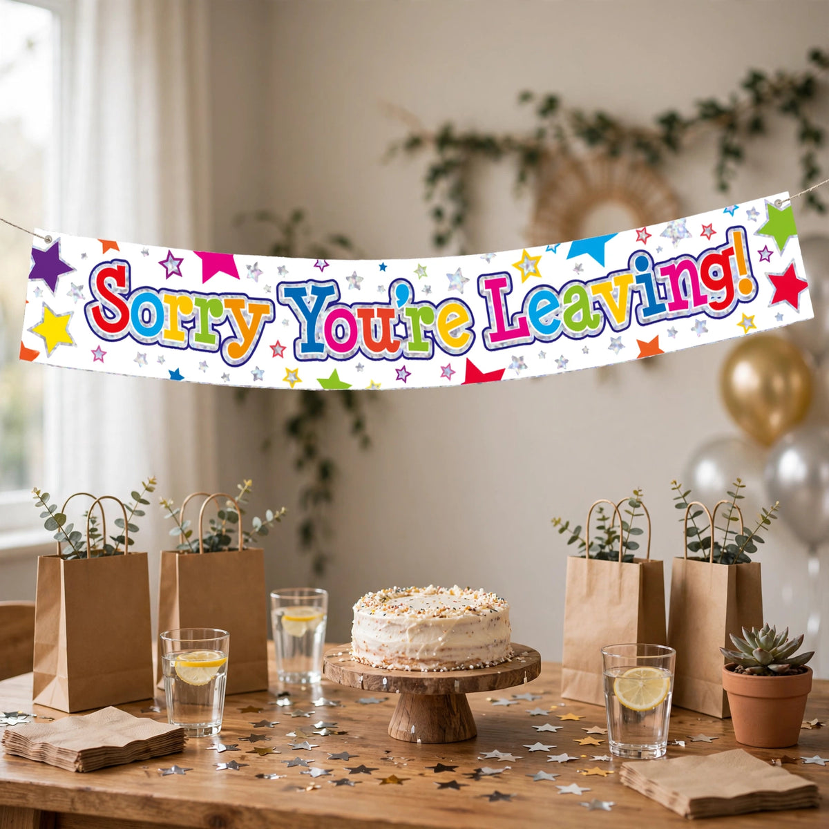 banner hung across a wall or doorway at a farewell party