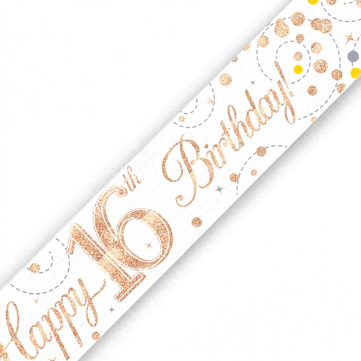 Close-up of Oaktree Sparkling Fizz 16th Birthday Banner showing rose gold and white colours with sparkling fizz detailing