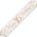 Oaktree Sparkling Fizz 16th Birthday Banner in rose gold and white with sparkling fizz detailing