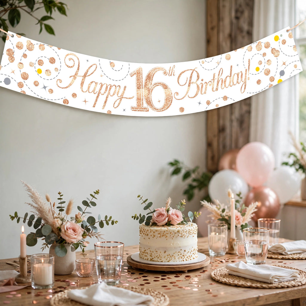 Oaktree Sparkling Fizz 16th Birthday Banner displayed as party decoration for a 16th birthday celebration