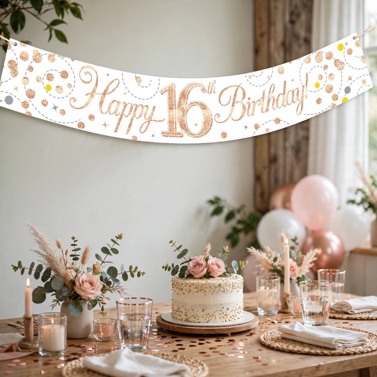 Oaktree Sparkling Fizz 16th Birthday Banner displayed as party decoration for a 16th birthday celebration