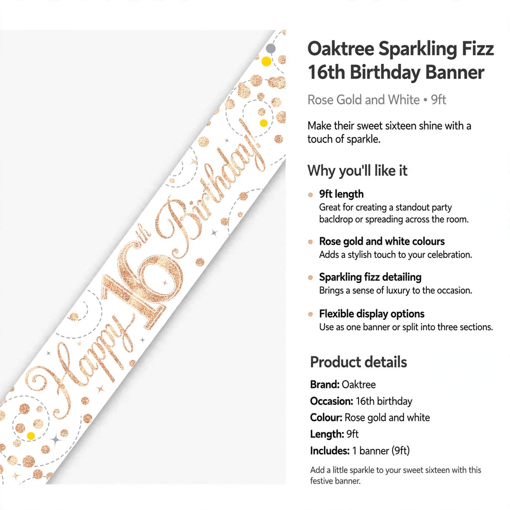 Oaktree Sparkling Fizz 16th Birthday Banner offers flexible display as one piece or three sections
