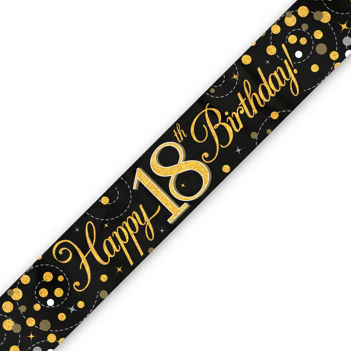 9ft Sparkling Fizz 18th Birthday Banner with gold holographic lettering on a black background