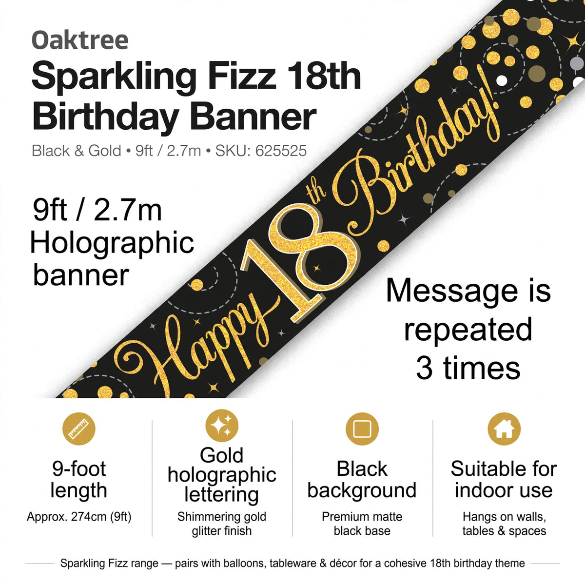 Infographic showing features of the 9ft Sparkling Fizz 18th Birthday Banner