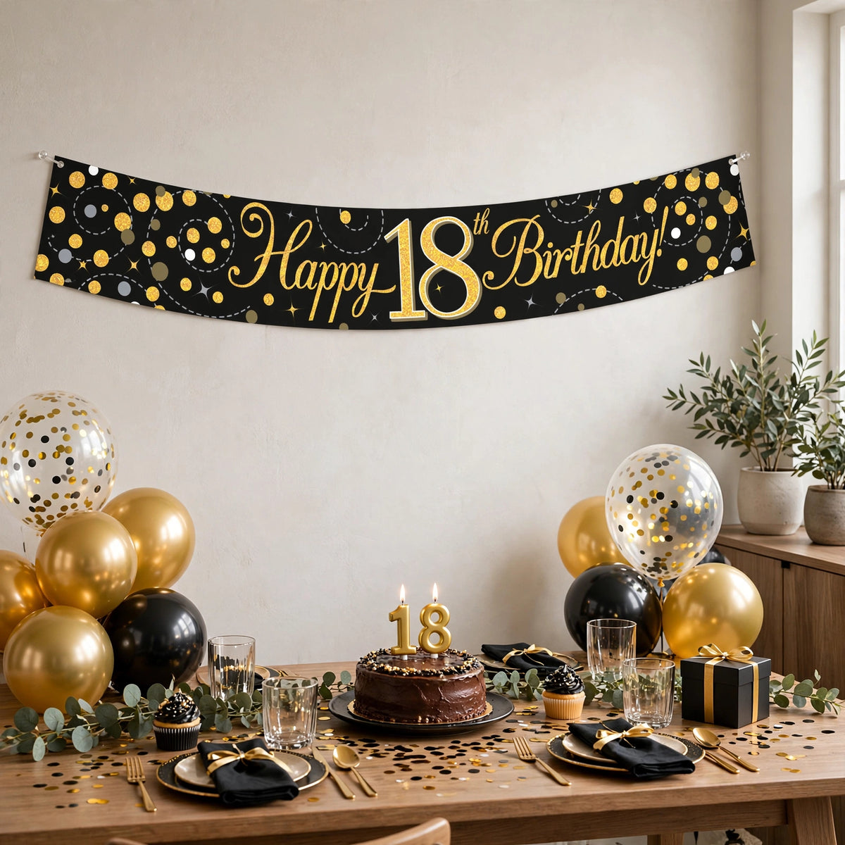 The Sparkling Fizz 18th Birthday Banner displayed during an 18th birthday party