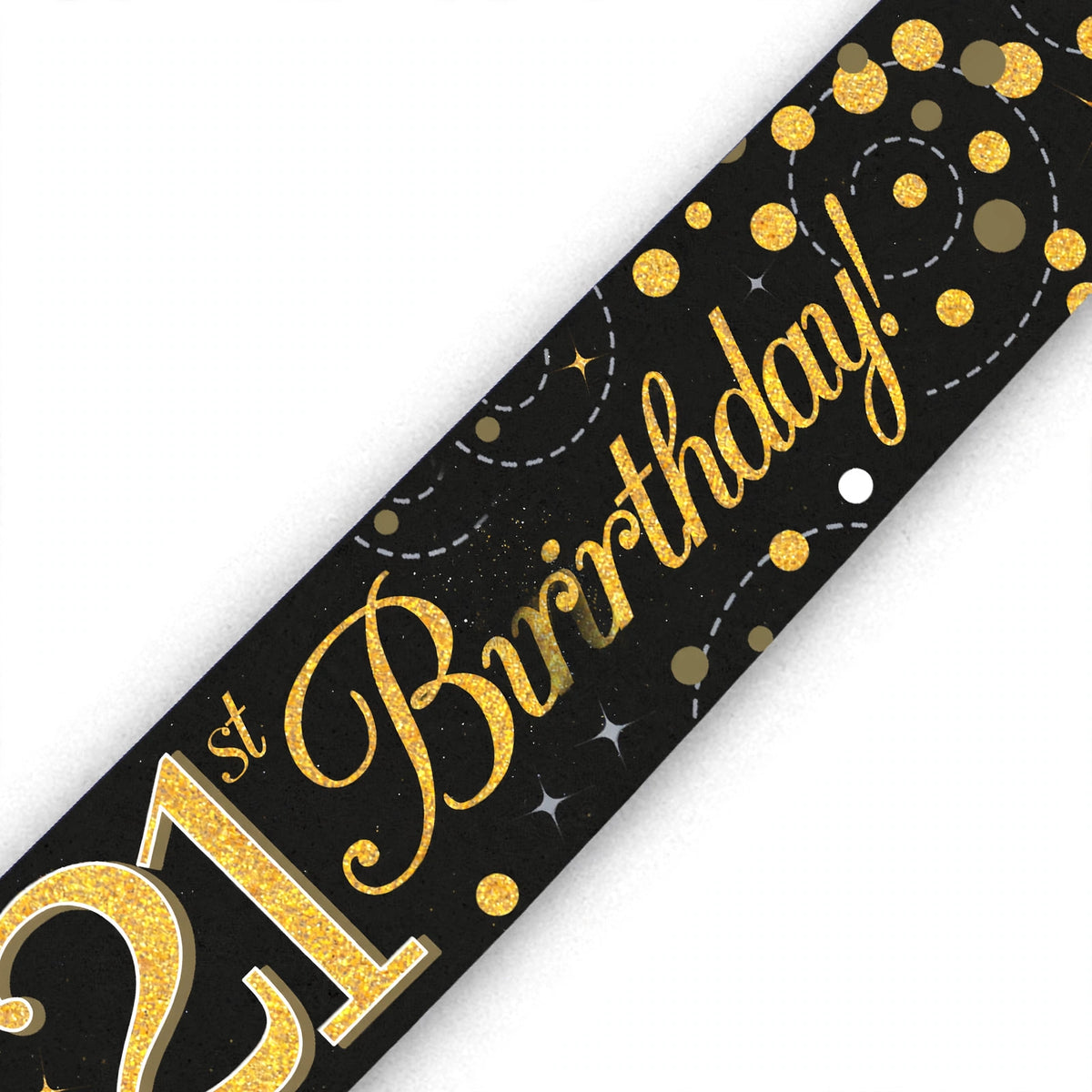 Close-up of black and gold 21st birthday banner with sparkling fizz design