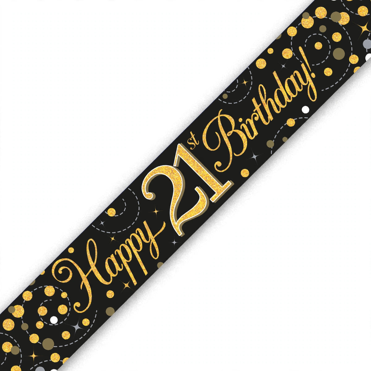 Oaktree Sparkling Fizz 21st Birthday Banner in black and gold with sparkling fizz design