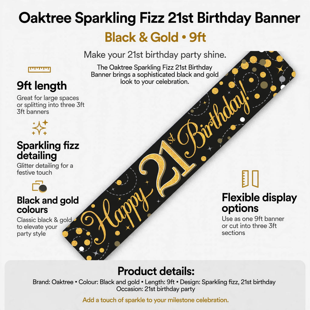 Banner features 9ft length, black and gold colours, and sparkling fizz detailing