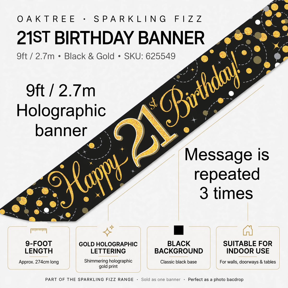 Feature infographic showing 9-foot Sparkling Fizz 21st Birthday Banner details