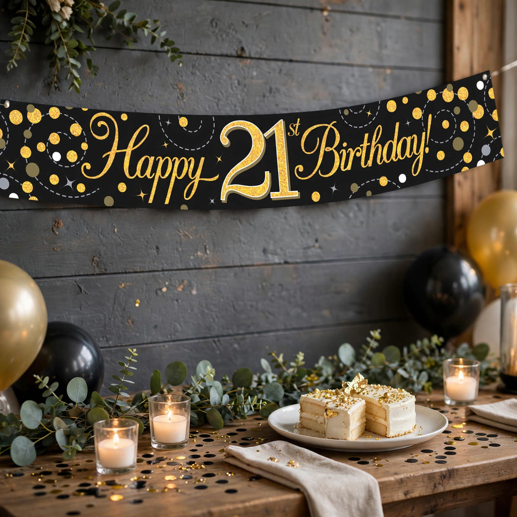 Oaktree Sparkling Fizz 21st Birthday Banner displayed at a 21st birthday party
