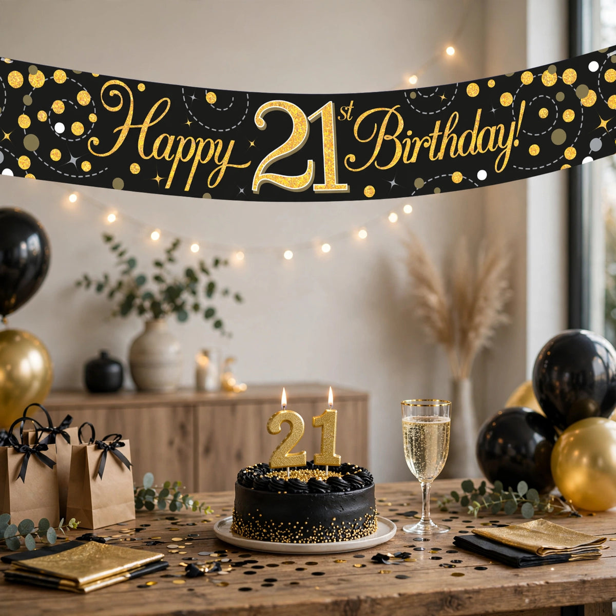 Sparkling Fizz 21st Birthday Banner displayed at a birthday party setting