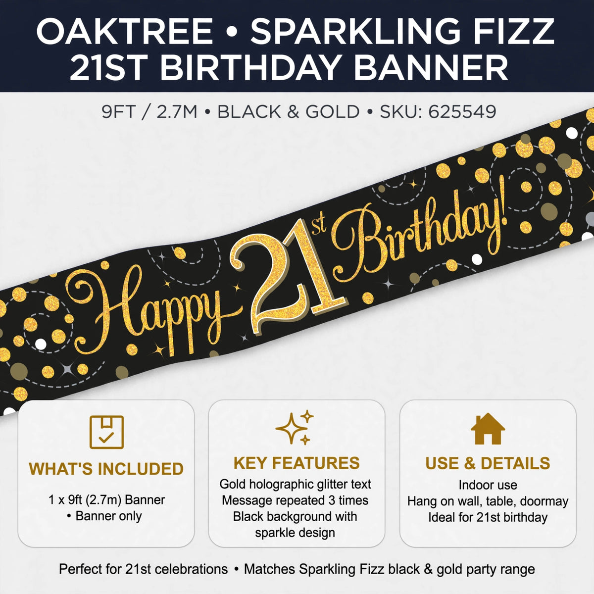 Product information for the 9-foot Sparkling Fizz 21st Birthday Banner