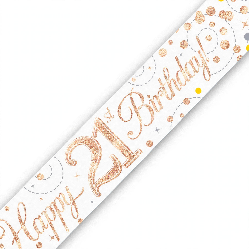 Close-up of Oaktree Sparkling Fizz 21st Birthday Banner showing rose gold and white colours and sparkling fizz detailing