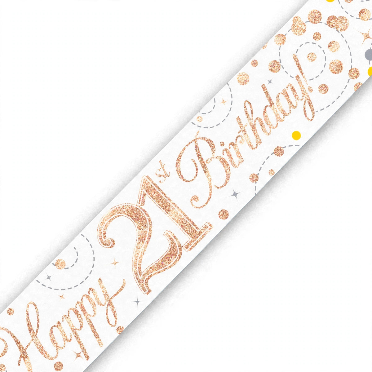 Close-up of Oaktree Sparkling Fizz 21st Birthday Banner showing rose gold and white colours and sparkling fizz detailing