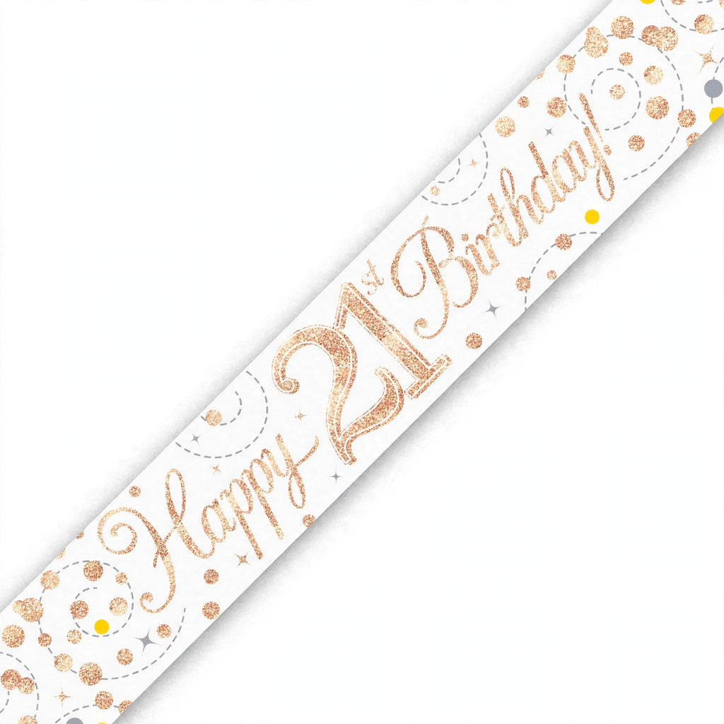 Oaktree Sparkling Fizz 21st Birthday Banner in rose gold and white with sparkling fizz detailing
