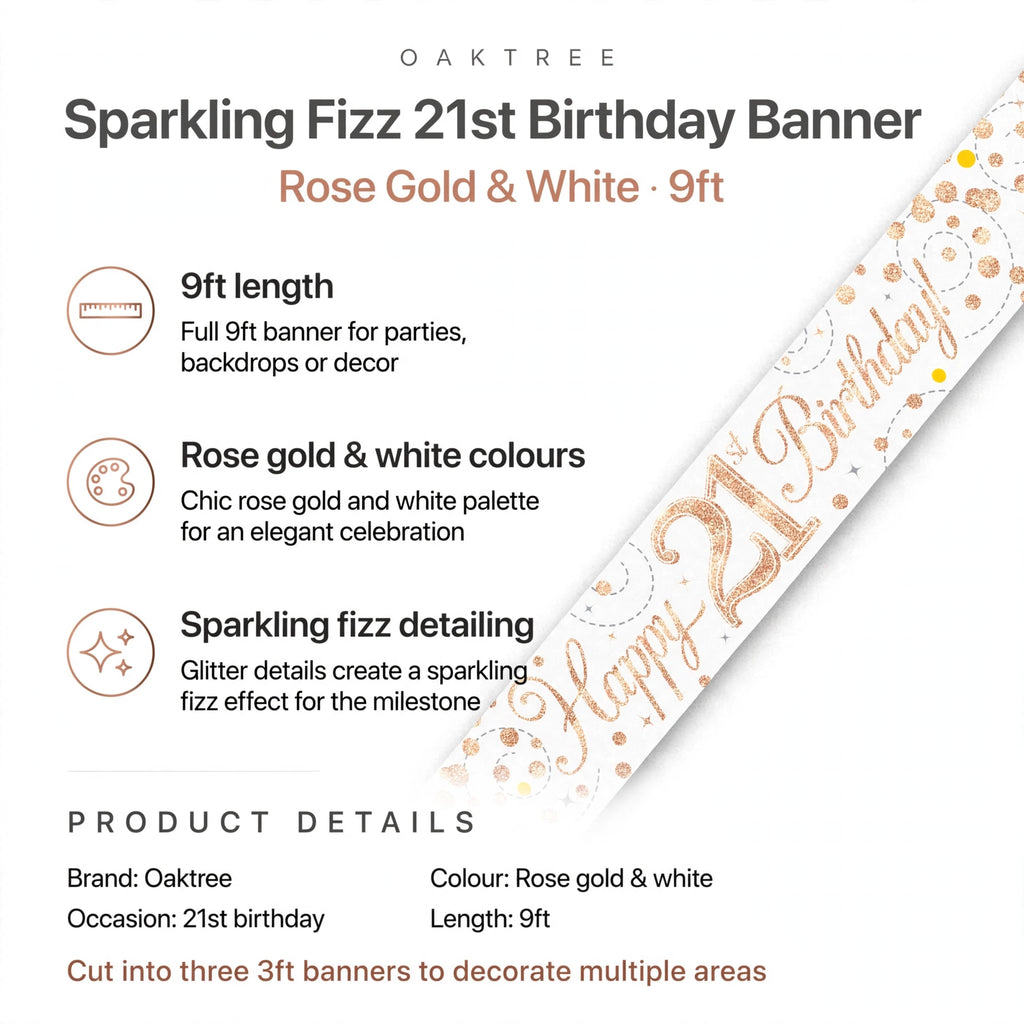 Banner features 9ft length, rose gold and white colours, and sparkling fizz detailing