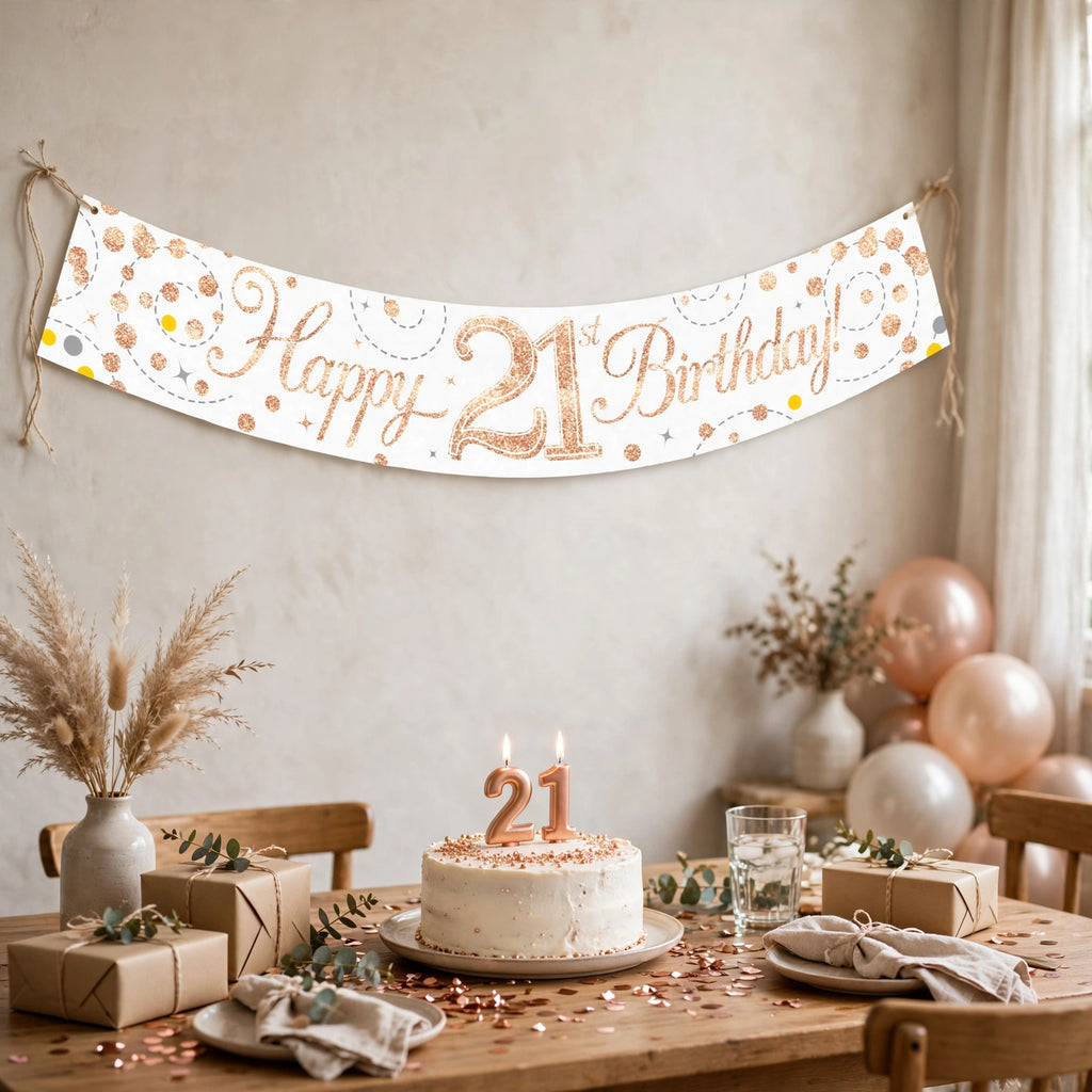 Oaktree Sparkling Fizz 21st Birthday Banner displayed as party decoration with rose gold and white colours