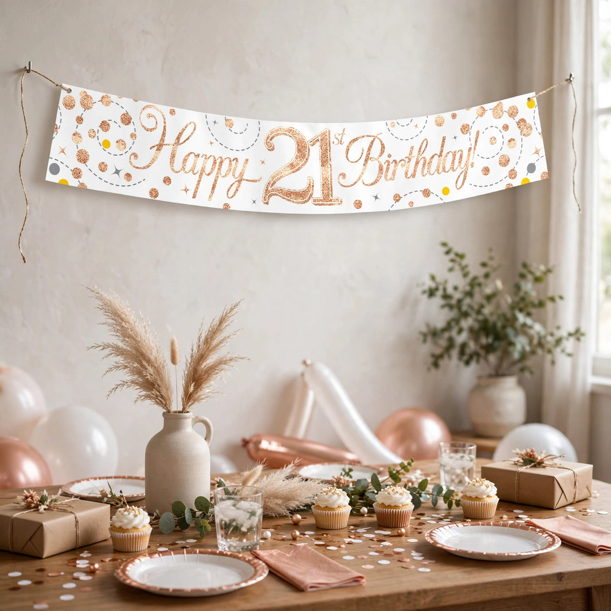 Sparkling Fizz 21st Birthday Banner displayed at a birthday party setting