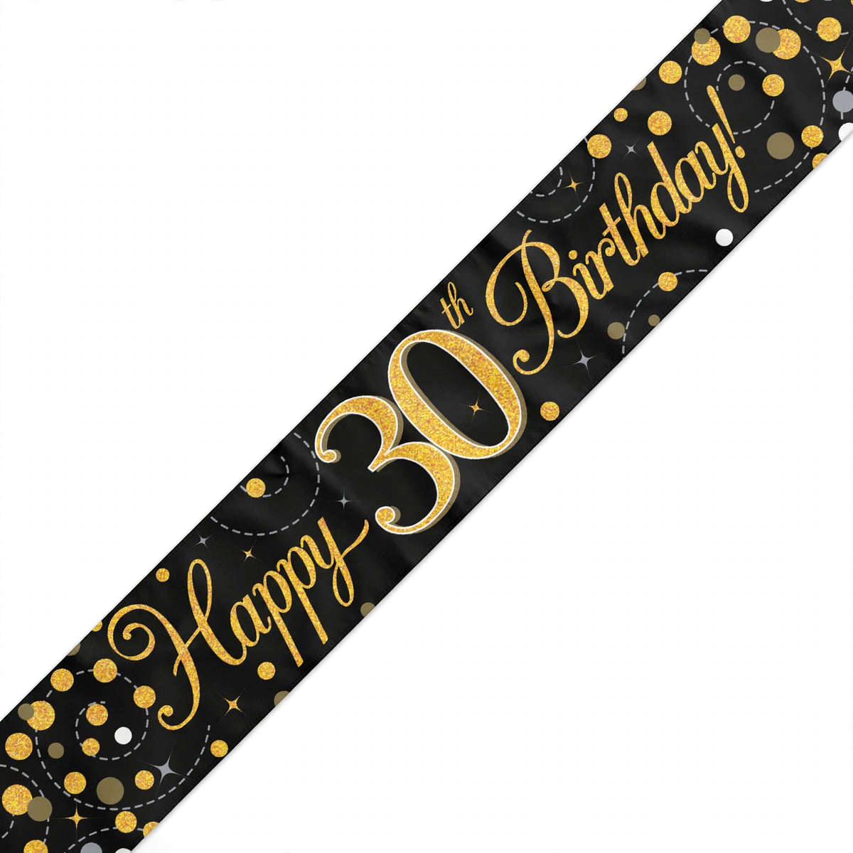 9ft Sparkling Fizz 30th Birthday Banner with black background and gold holographic lettering