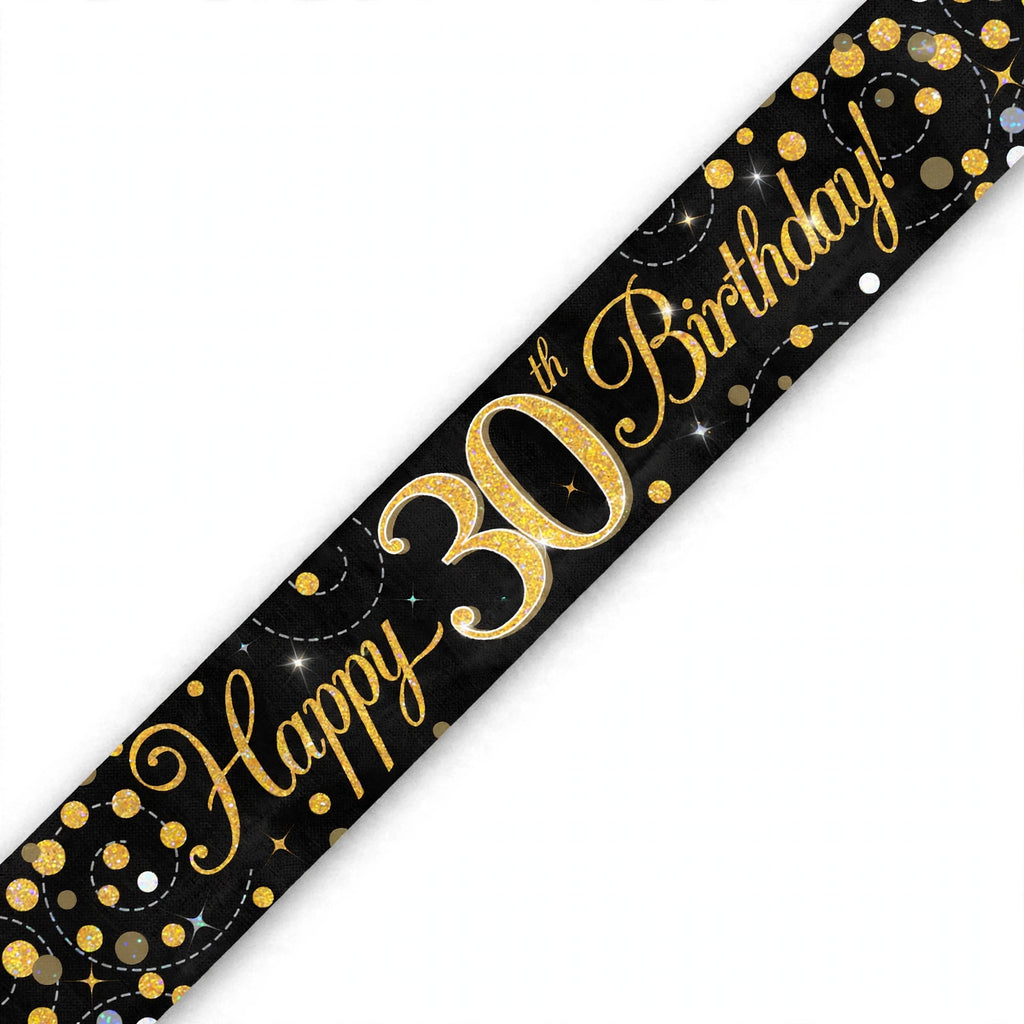 Oaktree Sparkling Fizz 30th Birthday Banner in black and gold with sparkling fizz detailing