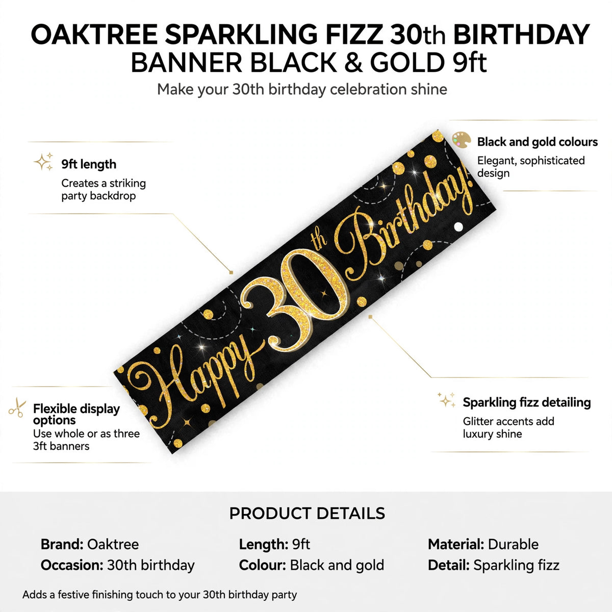 Banner features 9ft length, black and gold colours, sparkling fizz detailing, and flexible display options