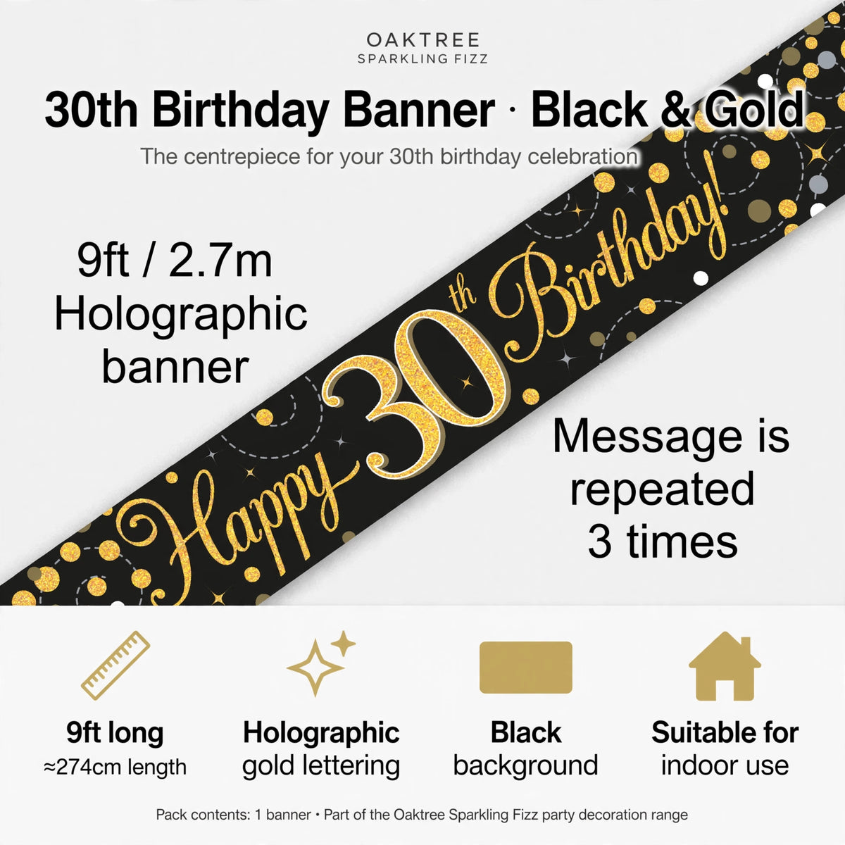 Feature infographic showing 9ft Sparkling Fizz 30th Birthday Banner details