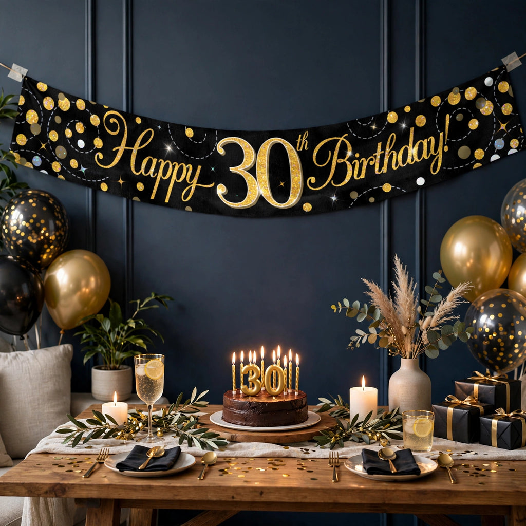 Oaktree Sparkling Fizz 30th Birthday Banner displayed as a party backdrop