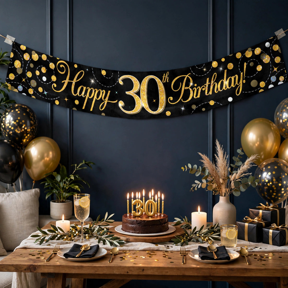 Oaktree Sparkling Fizz 30th Birthday Banner displayed as a party backdrop